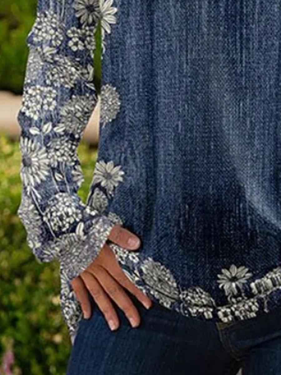 Long-sleeved Floral Print V-neck Casual Fashion T-shirt
