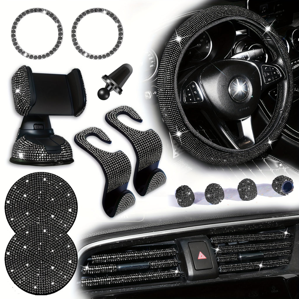 18pcs/set Light Luxury Hot Artificial Diamond Car Interior Set Crystal Steering Wheel Cover Mobile Phone Holder Women Car Interior Accessories