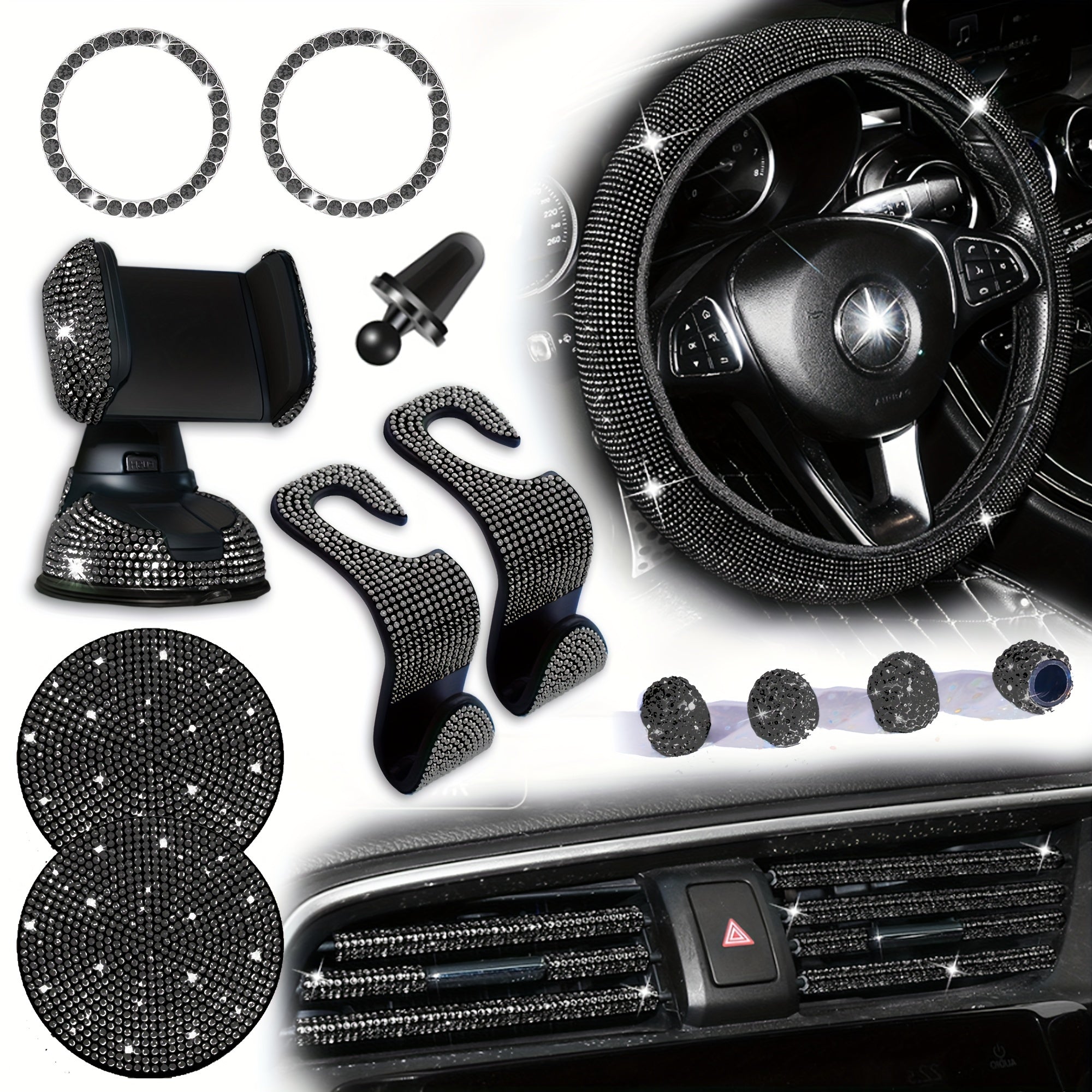 18pcs/set Light Luxury Hot Artificial Diamond Car Interior Set Crystal Steering Wheel Cover Mobile Phone Holder Women Car Interior Accessories