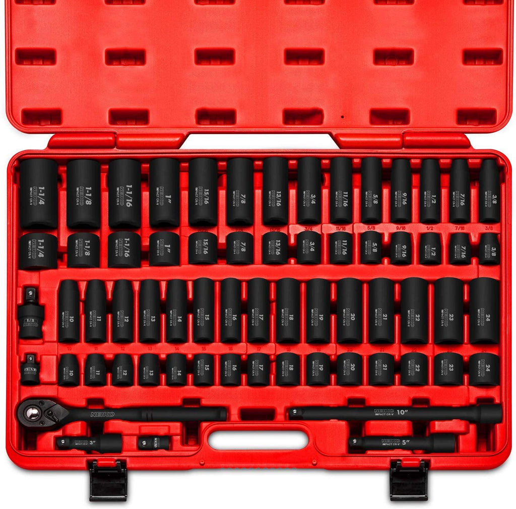 Neiko 02448A 1/2" Drive  Impact Socket Set, 65Piece Deep &amp; Shallow Socket Assortment | Standard SAE (3/8" To 1-1/4") &amp; Metric (10-24 mm) Sizes | Includes Adapters &amp; Ratchet Handle