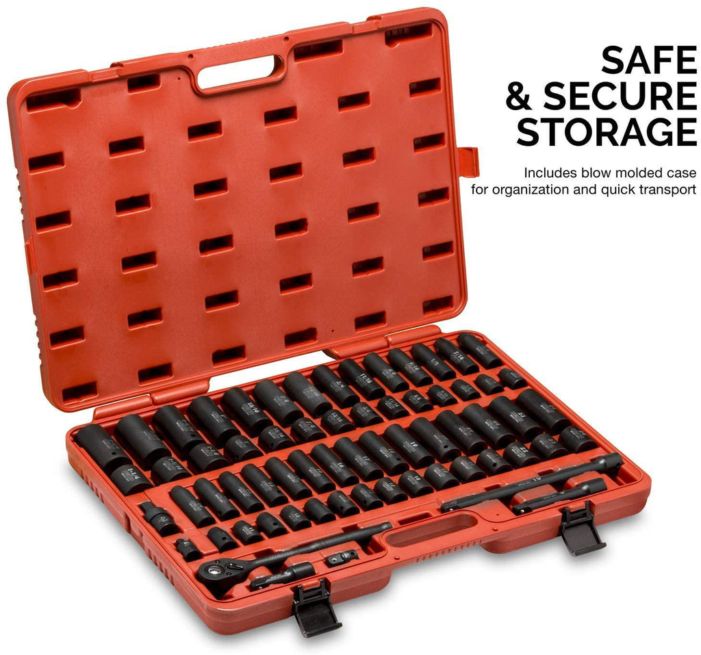 Neiko 02448A 1/2" Drive  Impact Socket Set, 65Piece Deep &amp; Shallow Socket Assortment | Standard SAE (3/8" To 1-1/4") &amp; Metric (10-24 mm) Sizes | Includes Adapters &amp; Ratchet Handle