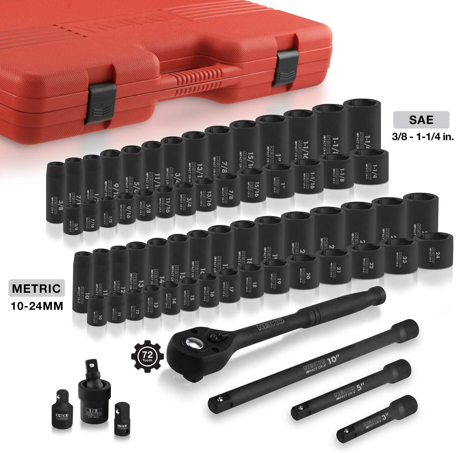 Neiko 02448A 1/2" Drive  Impact Socket Set, 65Piece Deep &amp; Shallow Socket Assortment | Standard SAE (3/8" To 1-1/4") &amp; Metric (10-24 mm) Sizes | Includes Adapters &amp; Ratchet Handle