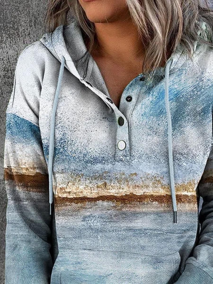 Colorblock Retro Print Loose Casual Hoodie