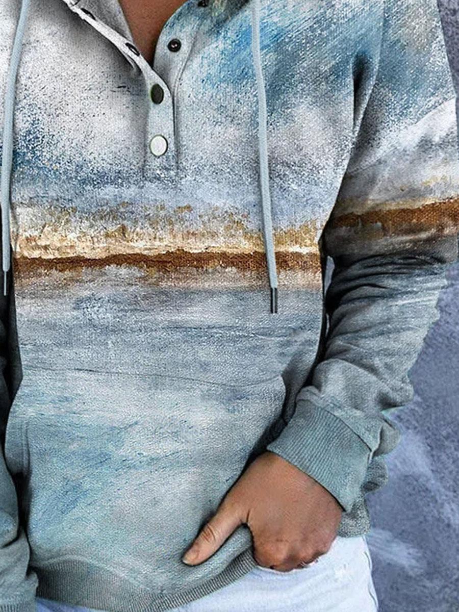 Colorblock Retro Print Loose Casual Hoodie