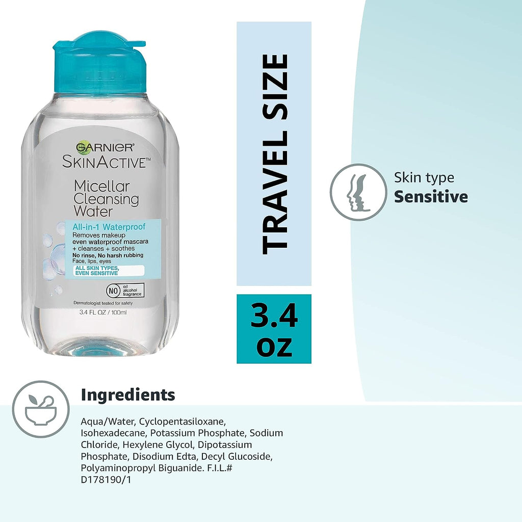 Garnier SkinActive Micellar Cleansing Water, For Waterproof Makeup, 3.4 Fl Oz