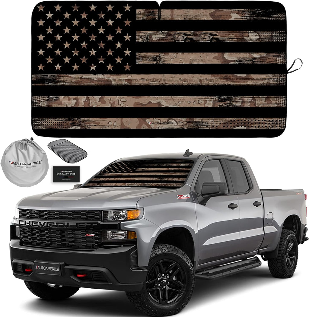 Autoamerics 1-Piece Windshield Sun Shade Brown Camo American Flag USA  - Foldable Car Front Window Sunshade for Most Sedans SUV Truck - Blocks Max UV Rays and Keeps Your Vehicle Cool - Large