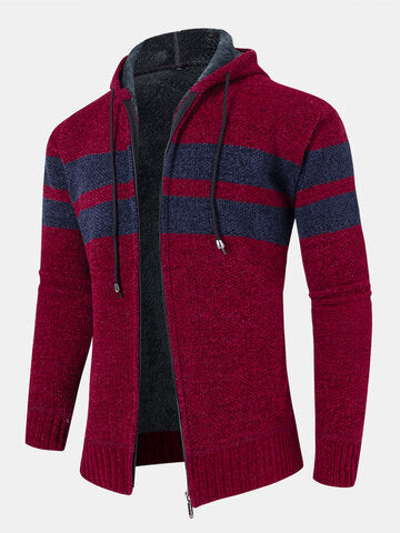 mens wide striped knit zip up plush lined thick hooded cardigans