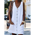 Solid Color Round Neck Single Breasted  Mini Dress