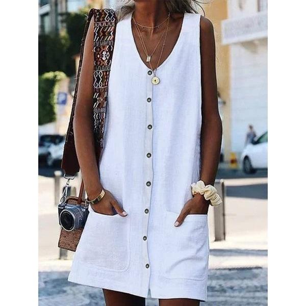 Solid Color Round Neck Single Breasted  Mini Dress