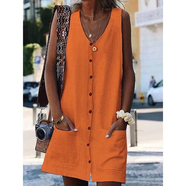 Solid Color Round Neck Single Breasted  Mini Dress