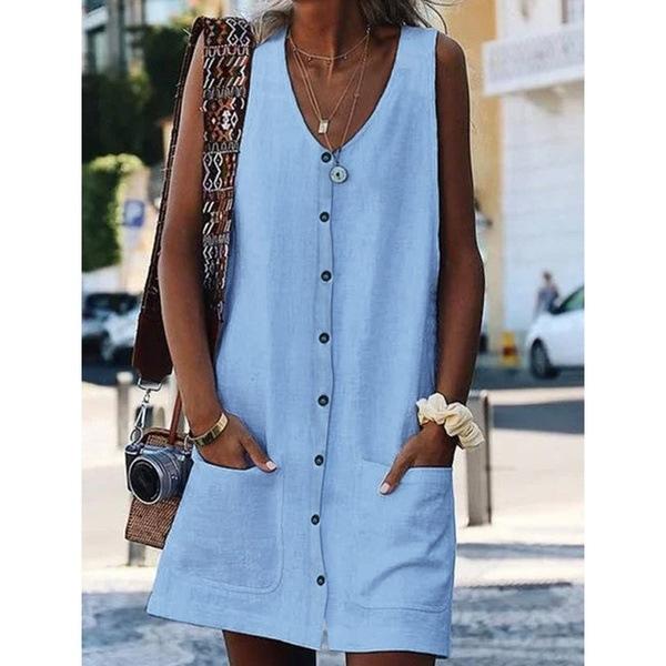 Solid Color Round Neck Single Breasted  Mini Dress