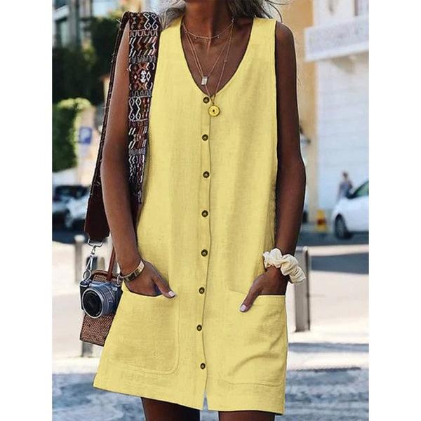 Solid Color Round Neck Single Breasted  Mini Dress
