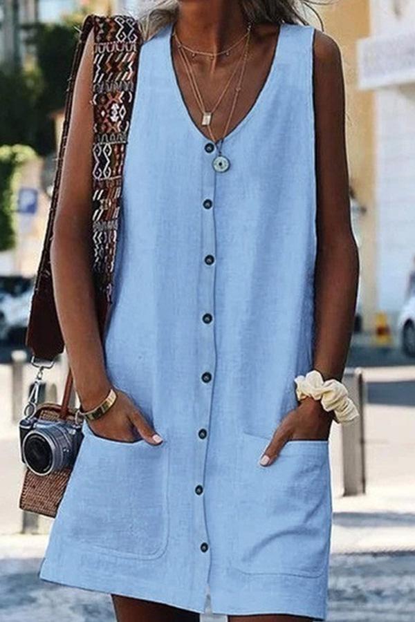 Solid Color Round Neck Single Breasted  Mini Dress