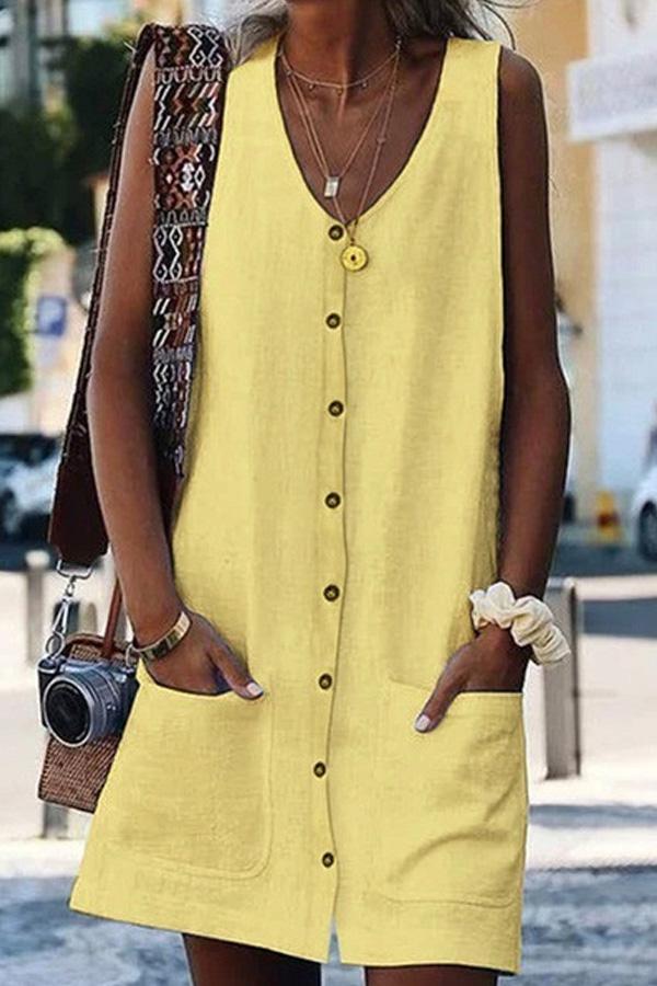Solid Color Round Neck Single Breasted  Mini Dress