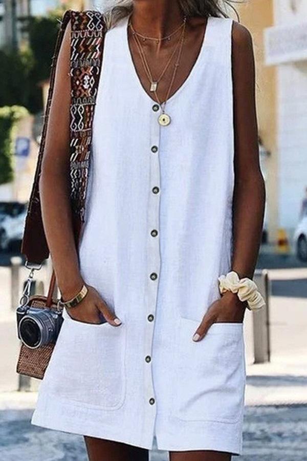 Solid Color Round Neck Single Breasted  Mini Dress