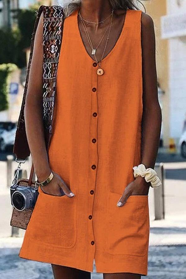 Solid Color Round Neck Single Breasted  Mini Dress