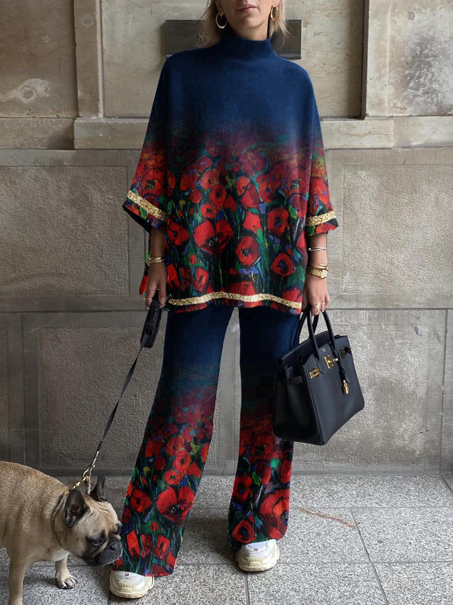 Ladies' Elegant Red Rose Oil Painting Contrast Printing Suit