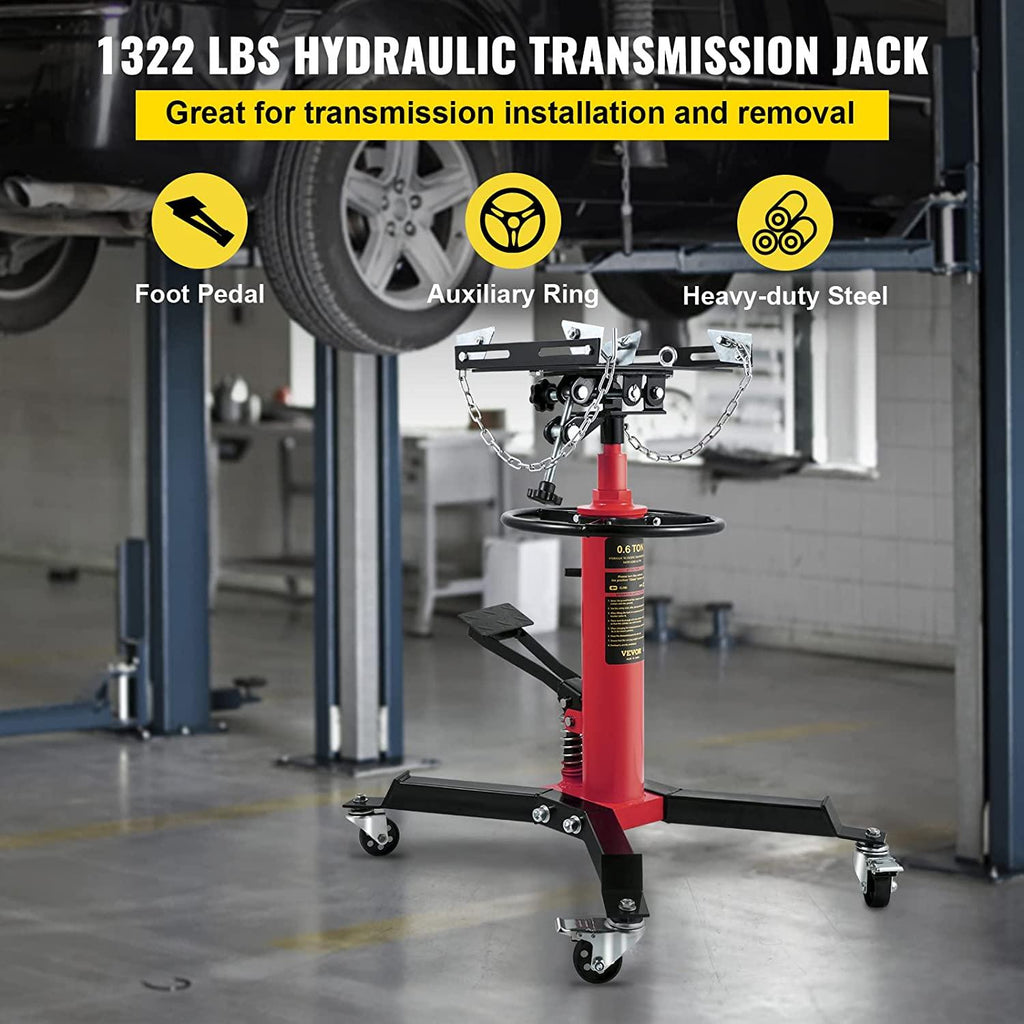 Transmission Jack,3/5 Ton/1322 lbs Capacity Hydraulic Telescopic Transmission Jack, 2-StaFloor Jack Stand with Foot Pedal, 360° Swivel Wheel, Garage/Shop Lift Hoist, Red