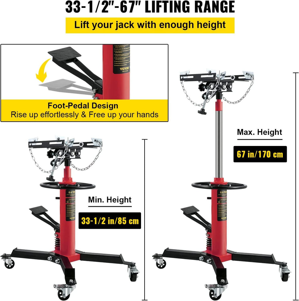 Transmission Jack,3/5 Ton/1322 lbs Capacity Hydraulic Telescopic Transmission Jack, 2-StaFloor Jack Stand with Foot Pedal, 360° Swivel Wheel, Garage/Shop Lift Hoist, Red