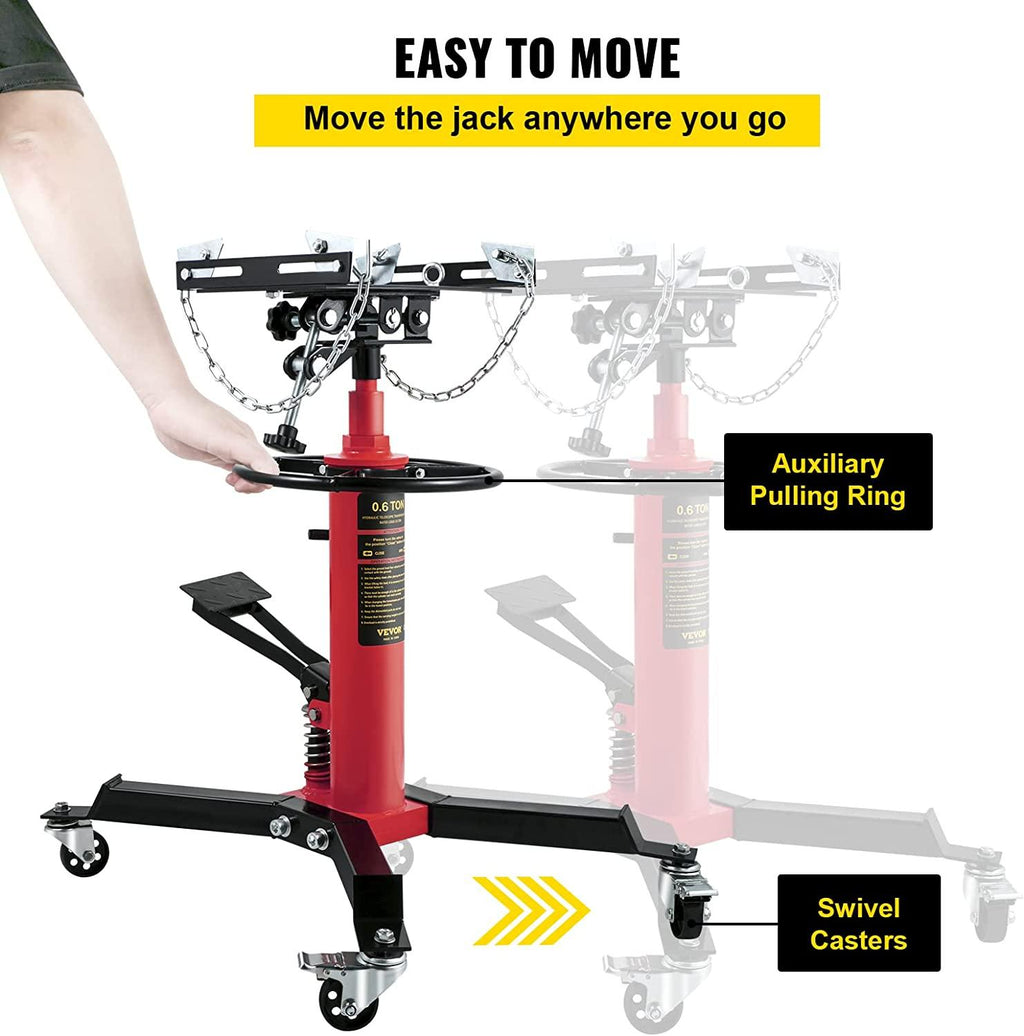 Transmission Jack,3/5 Ton/1322 lbs Capacity Hydraulic Telescopic Transmission Jack, 2-StaFloor Jack Stand with Foot Pedal, 360° Swivel Wheel, Garage/Shop Lift Hoist, Red
