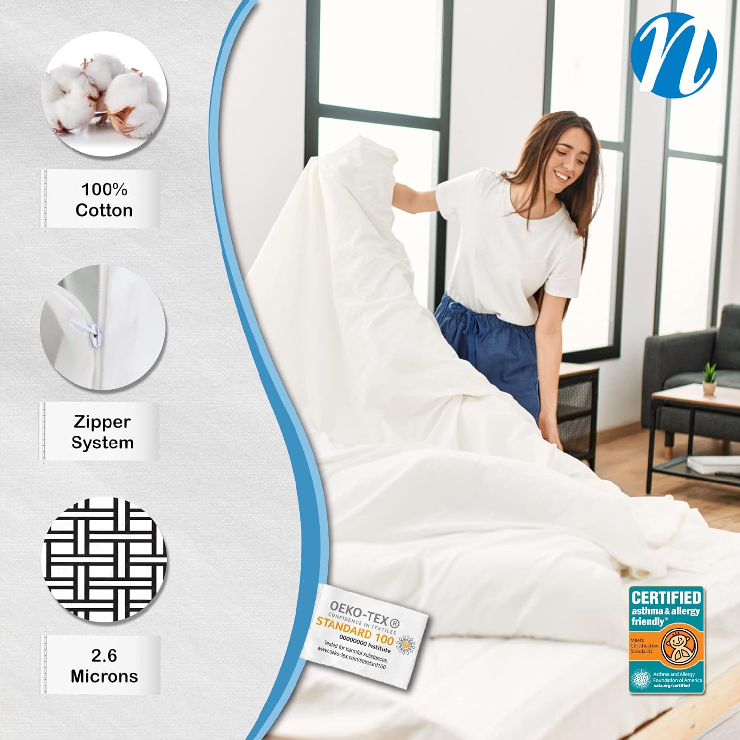 National Allergy Premium Cotton Duvet Comforter Protector - Full/Queen Size - 86" x 86" - White - Breathable 300 Thread Count Hypoallergenic Cover - Zippered Encasement - Bedding Linen