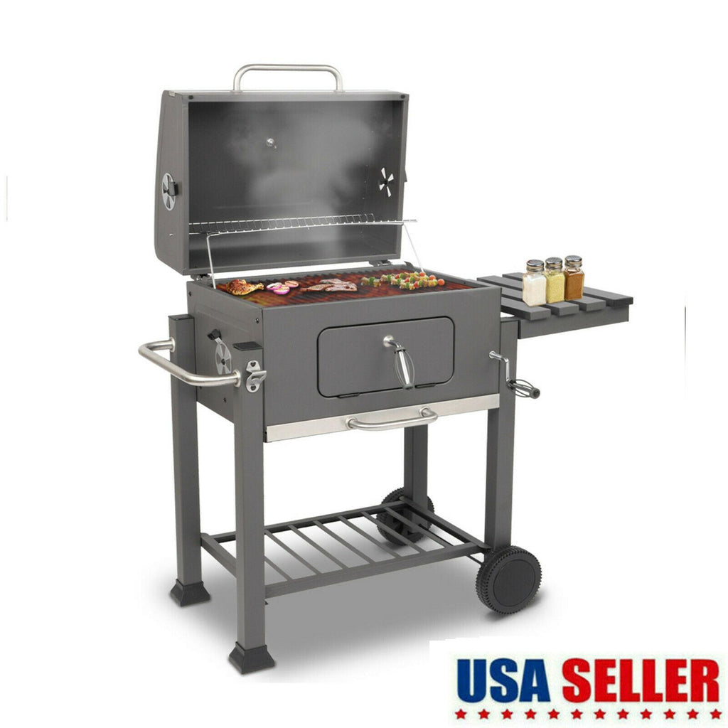 Portable Barbecue Grill Foldable Charcoal Oven Stove With Wheels & Bottom Shelf