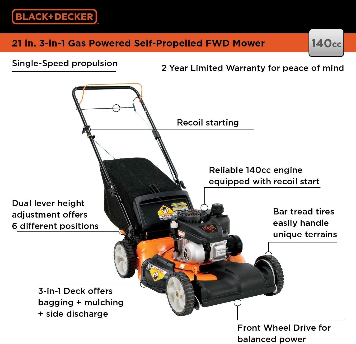 BLACK+DECKER 21" 140cc 3-in-1 Gas Powered Self Propelled Push Mower