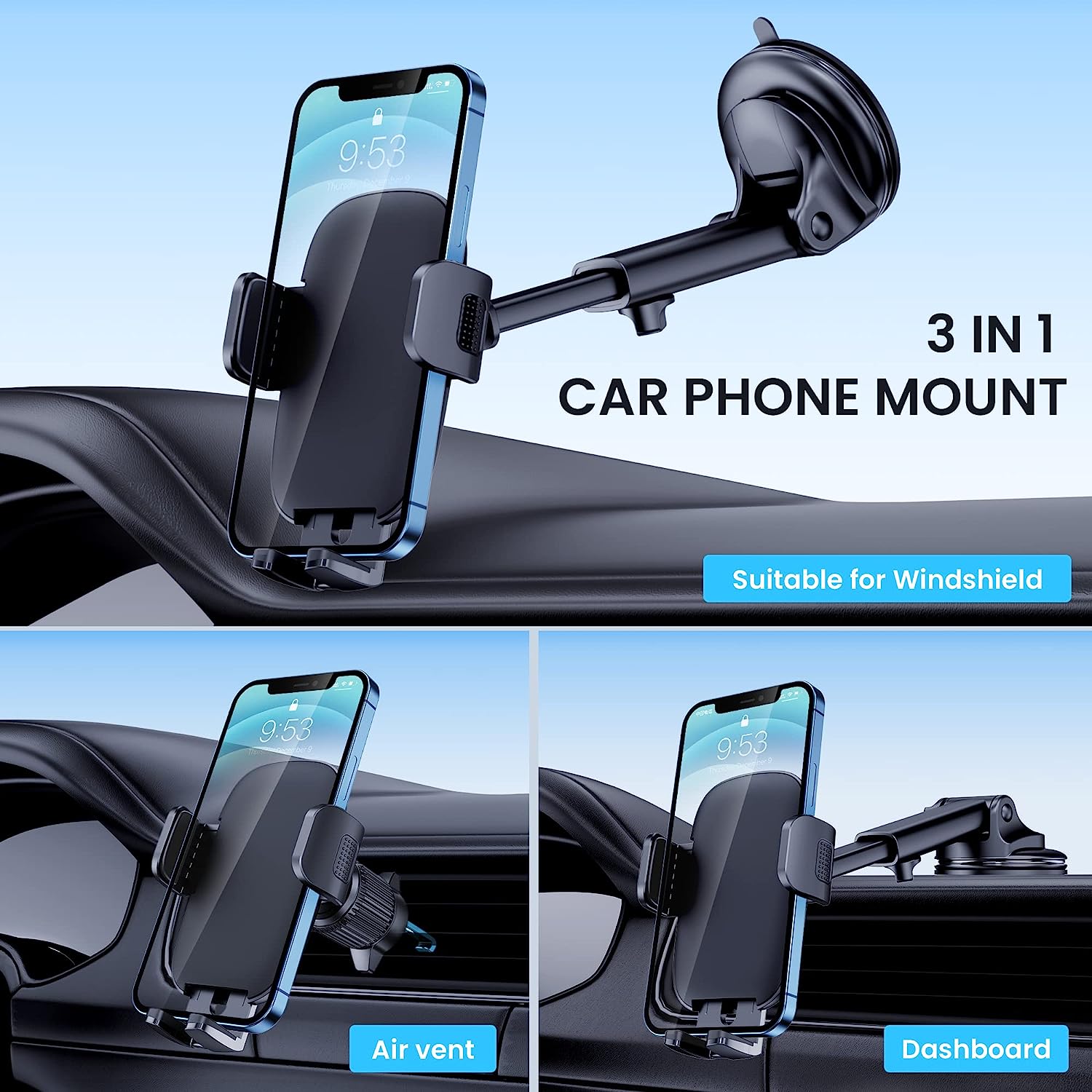 Car Phone Holder Mount [Military-Grade Suction &amp; Stable Hook] Phone Mount for Car Windshield Dashboard Air Vent Universal Hands-Free Automobile Mounts Cell Phone Holder Fit for iPhone Smartphones