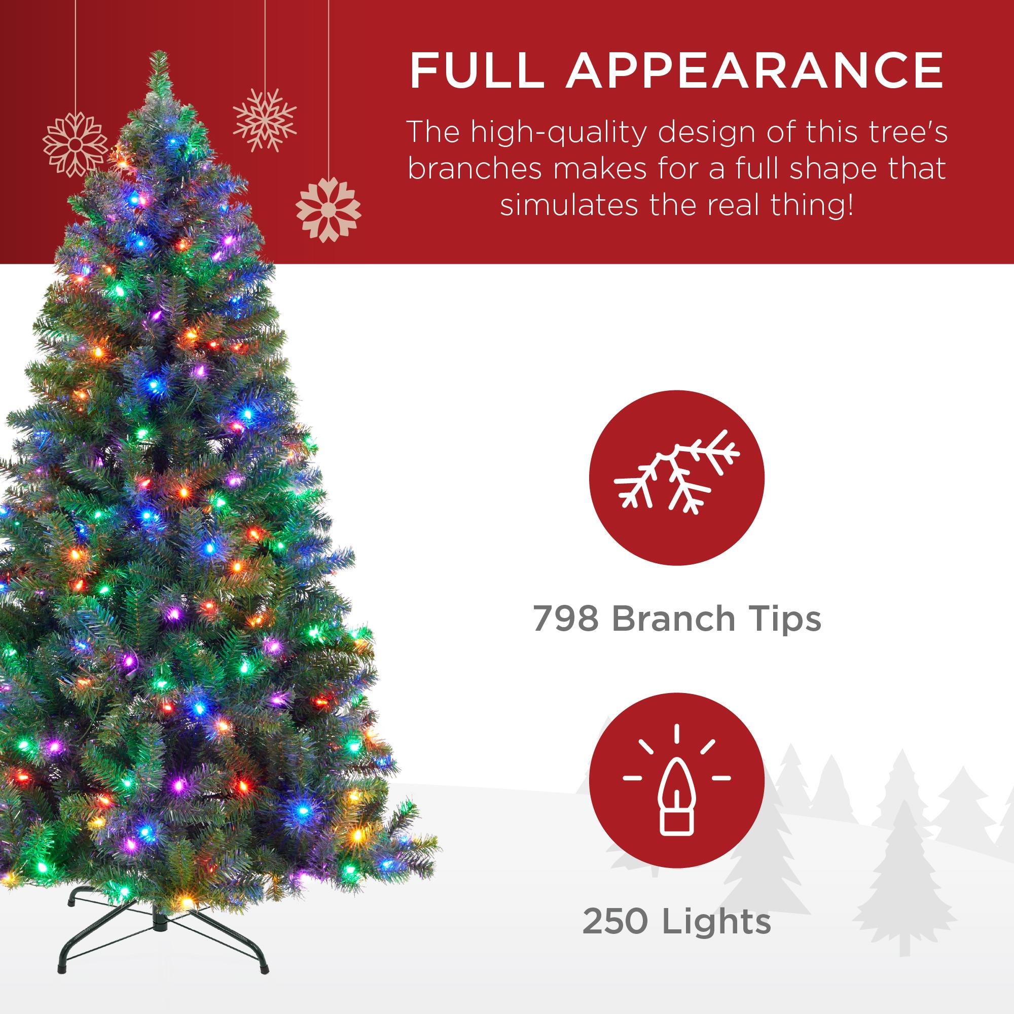 6ft Pre-Lit Spruce Hinged Artificial Christmas Tree w/ 250 Multicolored Lights, Foldable Stand