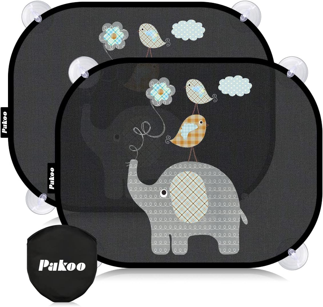 Pakoo Car Sun Shade Baby with UV Protection, Car Window Sun Shade for Children with Cute Animal Motifs, 2 Pack - 17.7 x 14 inches