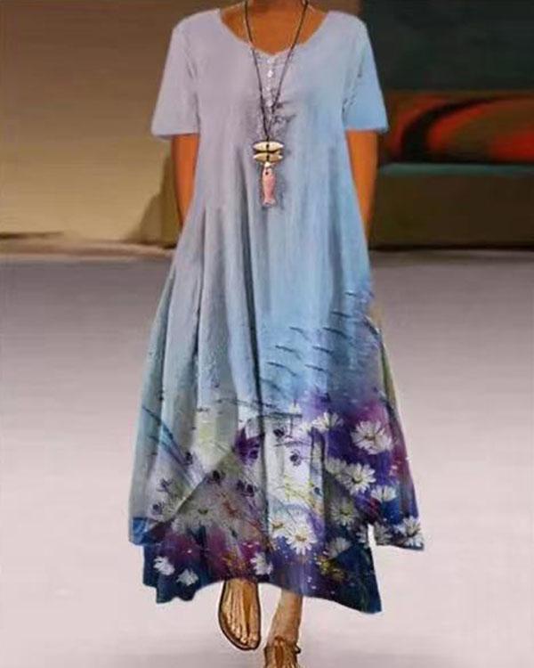 plus size print short sleeve a-line asymmetrical maxi dress