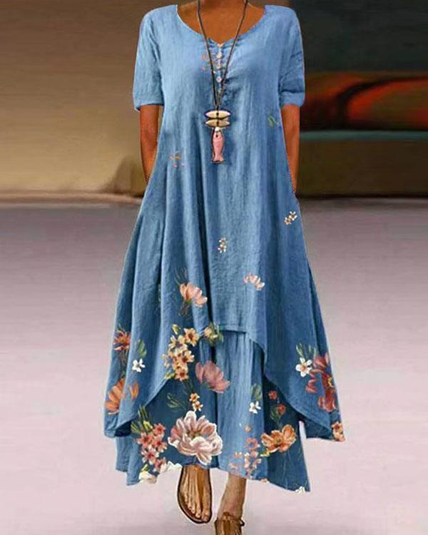 plus size print short sleeve a-line asymmetrical maxi dress
