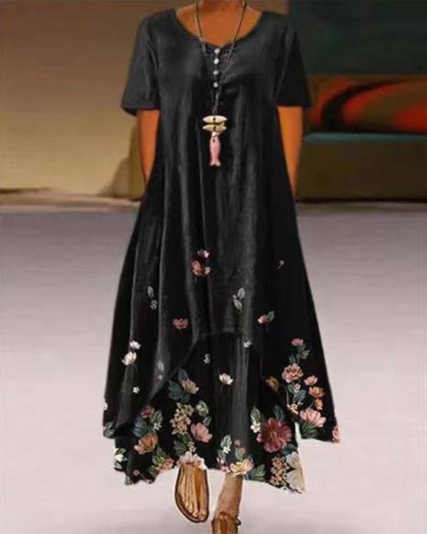 plus size print short sleeve a-line asymmetrical maxi dress