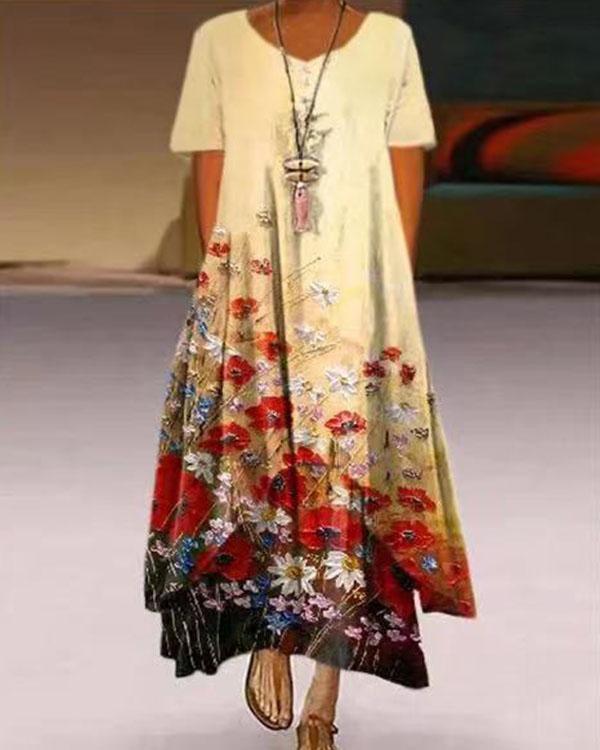 plus size print short sleeve a-line asymmetrical maxi dress