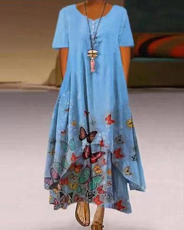 plus size print short sleeve a-line asymmetrical maxi dress
