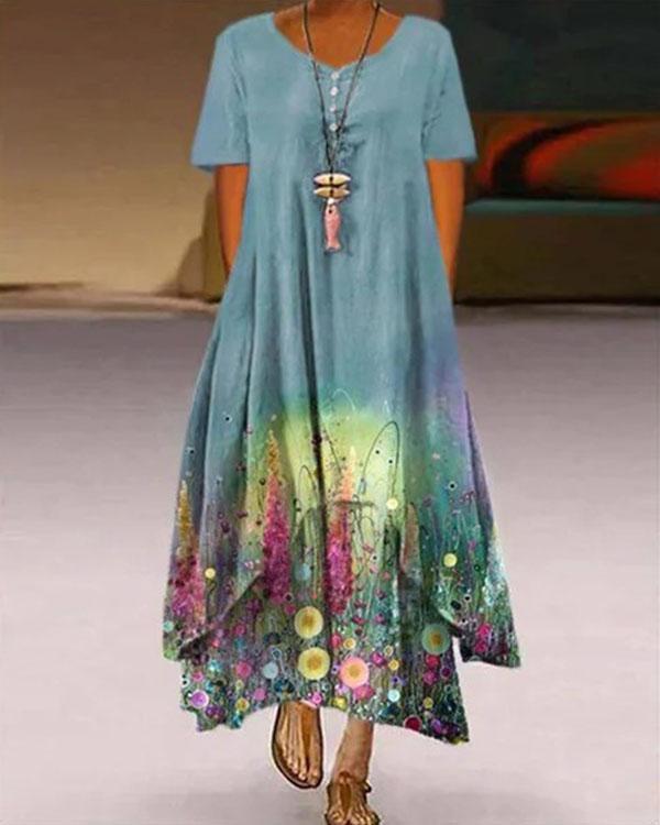 plus size print short sleeve a-line asymmetrical maxi dress