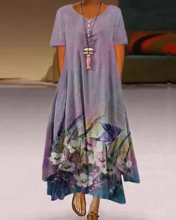 plus size print short sleeve a-line asymmetrical maxi dress
