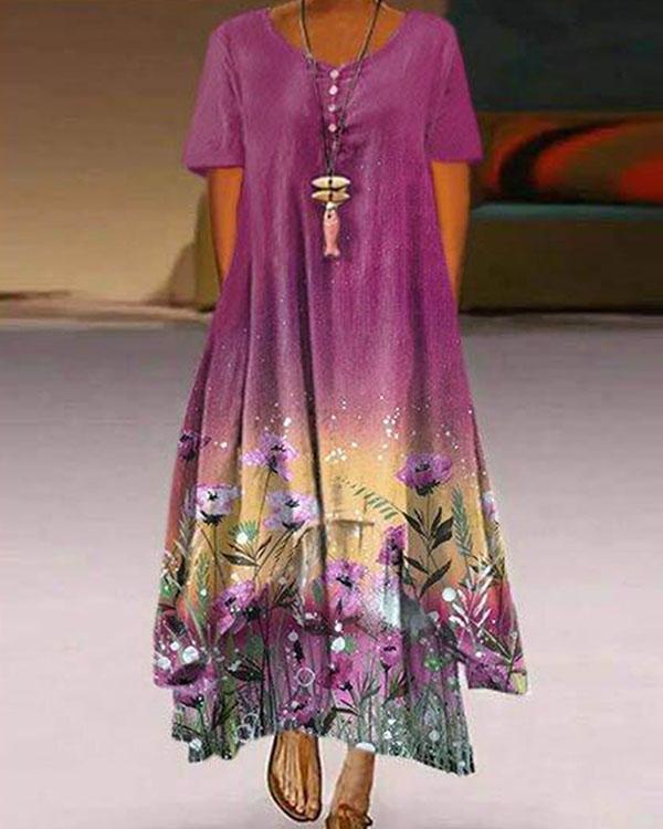 plus size print short sleeve a-line asymmetrical maxi dress