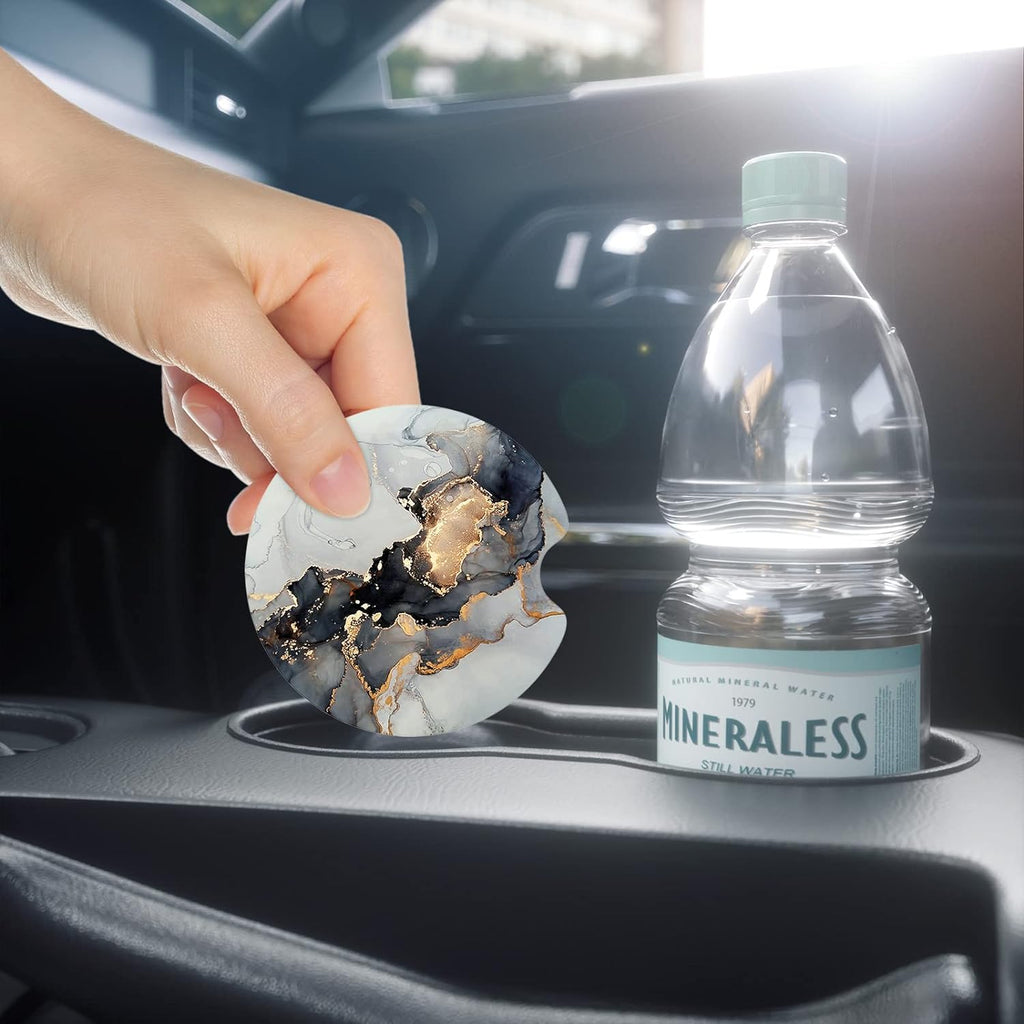Nipichsha Car Cup Holder Coasters, Car Coasters for Cup Holders, 2 Pack Anti Slip Insert Coasters, Rubber Car Cup Mat with A Finger Notch, Cute Car Interior Accessories for Women Men(Gray Gold Marble)