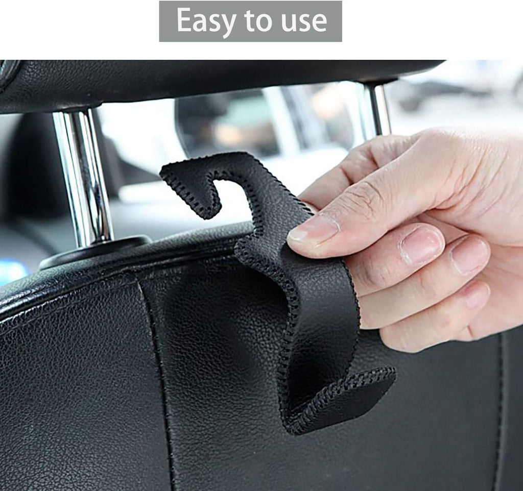 AMVOYOA Headrest Hooks for Car, Back Seat Organizer Black Leather Hanger Holder Hook, for Hanging Purses and Bags and Coats, Pack of 2
