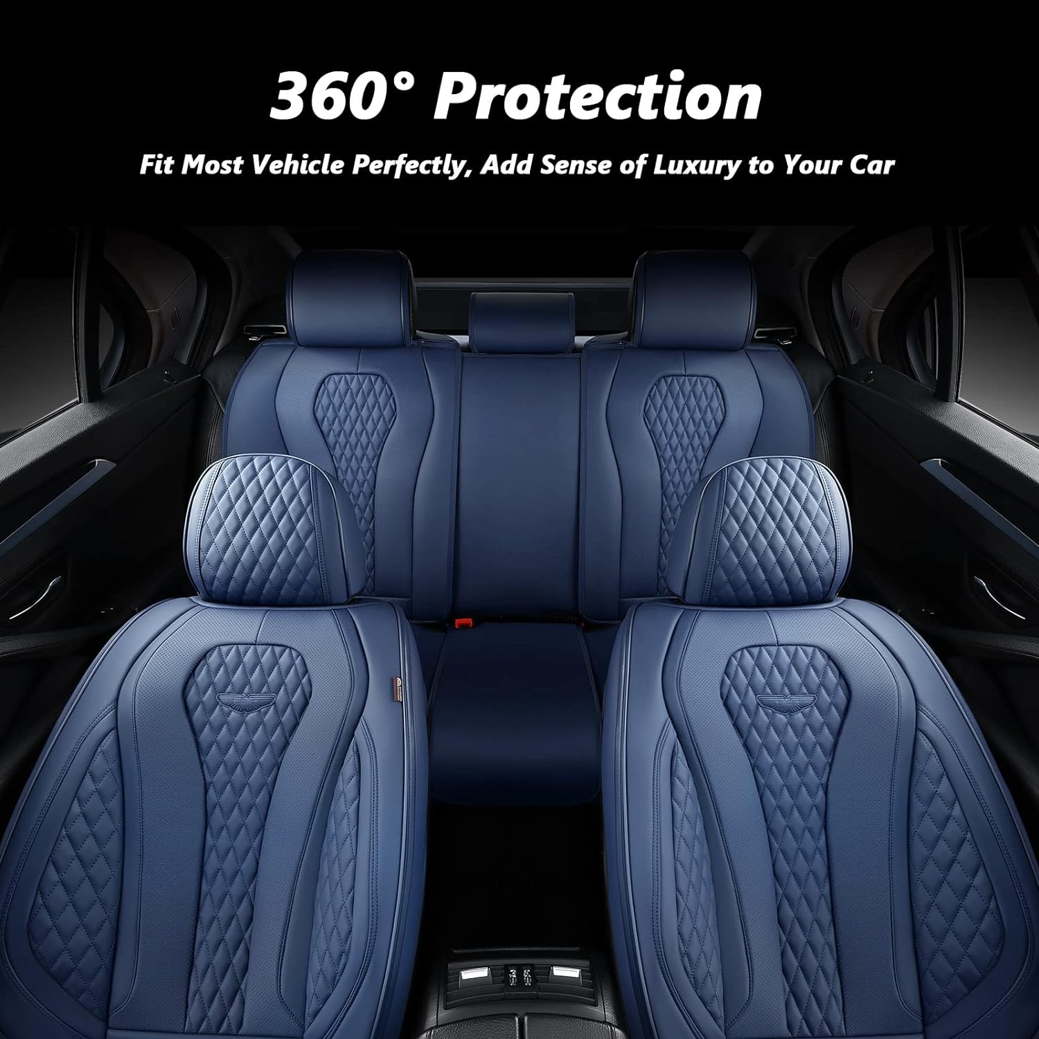 Coverado Leather Seat Covers Full Set, 5 Seats Universal, Waterproof Luxury Leatherette Seat Cushions, Front and Rear Auto Seat Protectors Fit for Most Vehicles Blue
