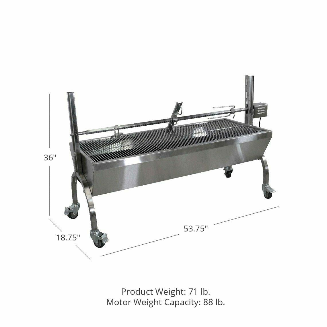 13W  Steel Rotisserie Grill, Rated 88 LB, BBQ Spit
