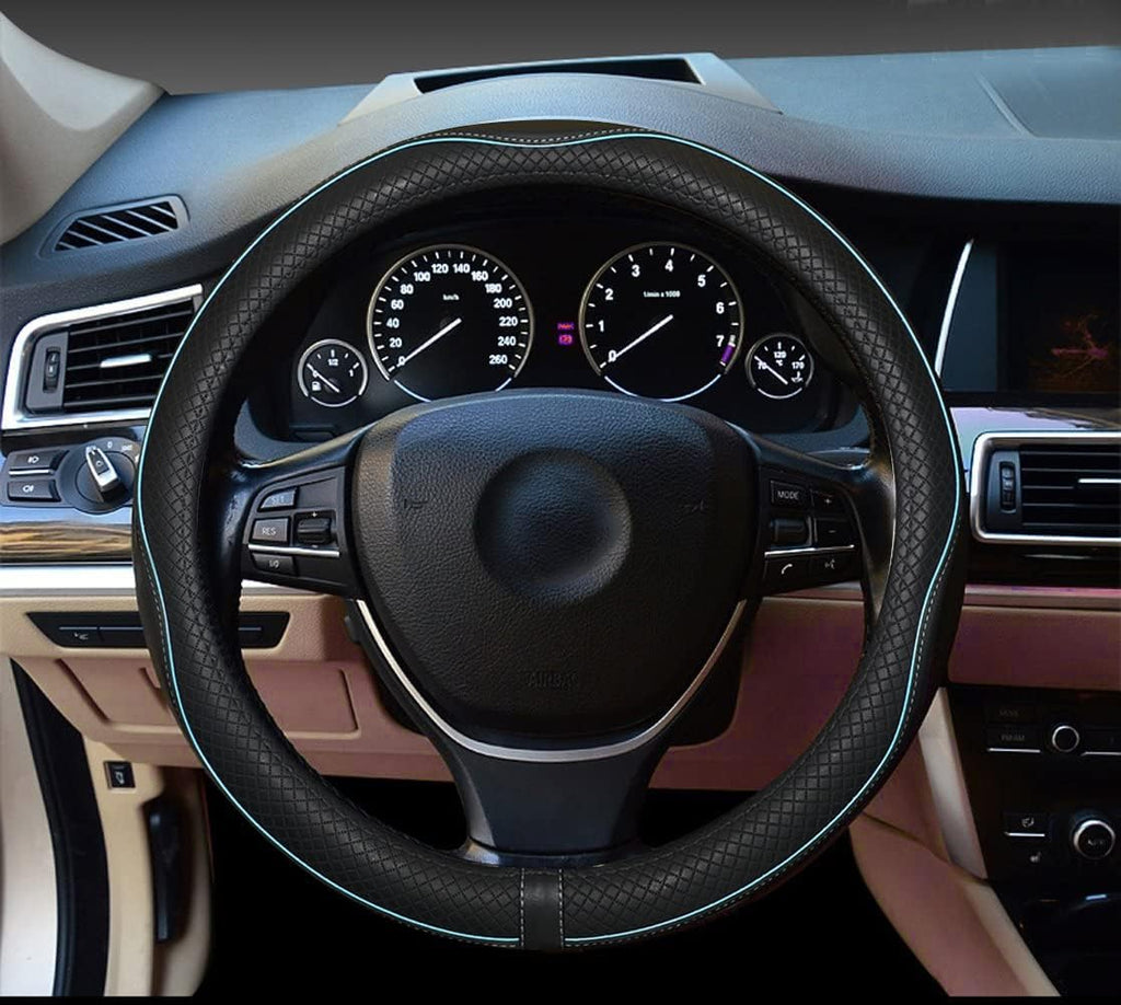 Car Steering Wheel Cover,Anti-Slip, Safety, Soft, Breathable,Heavy Duty, Thick,Full Surround,Sports Style (Black with Light Blue Line)