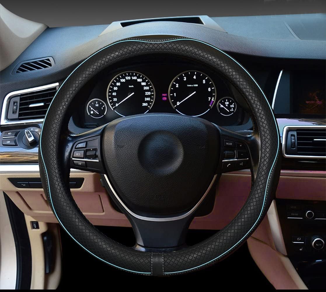 Car Steering Wheel Cover,Anti-Slip, Safety, Soft, Breathable,Heavy Duty, Thick,Full Surround,Sports Style (Black with Light Blue Line)