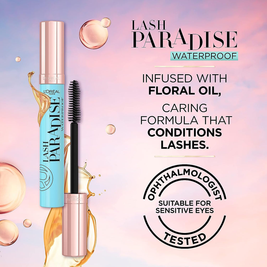 L'Oreal Paris Makeup Lash Paradise Waterproof Mascara, Voluptuous Volume, Intense Length, Feathery Soft Full Lashes, No Smudging, No Clumping, Black, 0.25 Fl Oz (Pack of 1) Packaging May Vary
