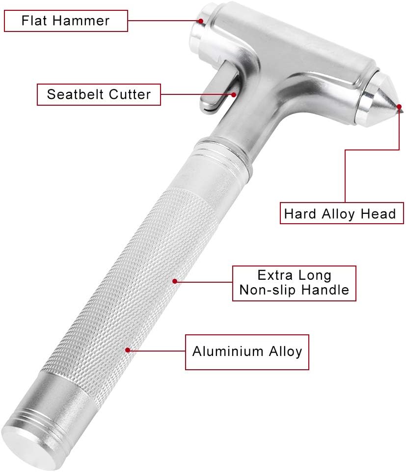 MOTORBUDDY Car Safety Hammer, Fireproof Metal Emergency Escape Hammer with Hard Alloy Head Window Breaker and Seat Belt Cutter, Aluminium Alloy Emergency Escape Tool for Car Accidents