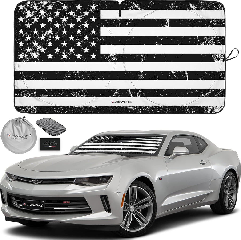 Autoamerics 1-Piece Windshield Sun Shade Grunge B&amp;W American Flag USA  - Foldable Car Front Window Sunshade for Most Sedans SUV Truck - Blocks Max UV Rays and Keeps Your Vehicle Cool - Small