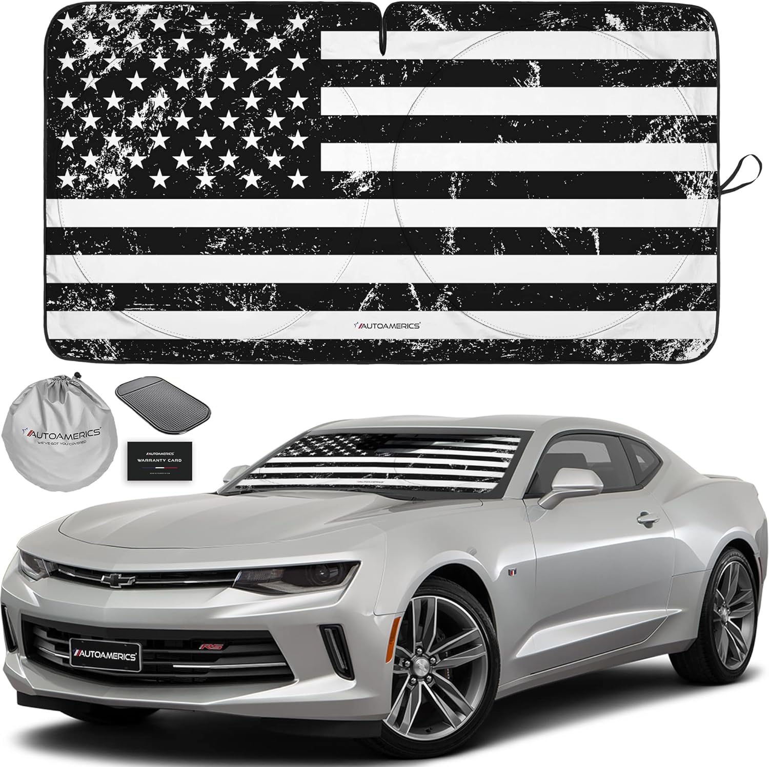 Autoamerics 1-Piece Windshield Sun Shade Grunge B&amp;W American Flag USA  - Foldable Car Front Window Sunshade for Most Sedans SUV Truck - Blocks Max UV Rays and Keeps Your Vehicle Cool - Small