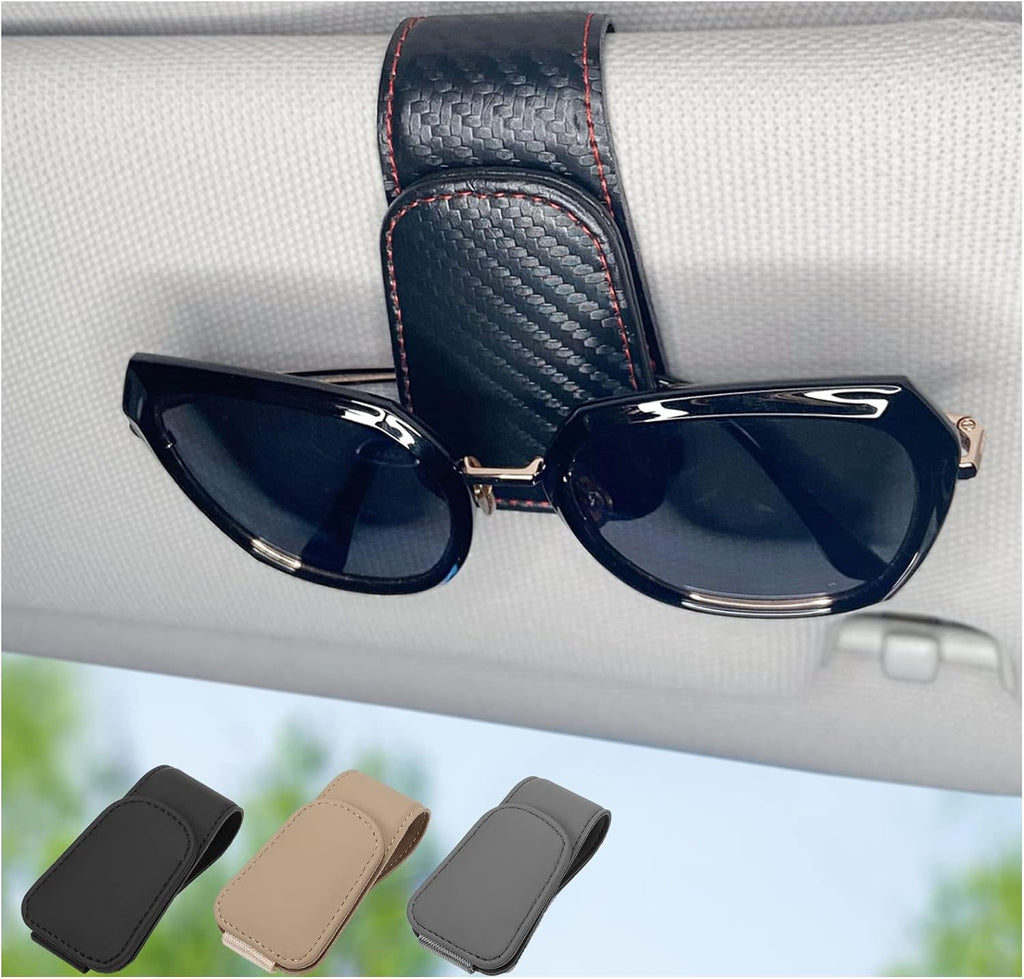 CHOSMOYI Magnetic Leather Sunglass Holder for Car, Sunglasses Clip for Car Visor, Auto Interior Accessories Universal for Different Size Eyeglasses (Carbon Fiber)
