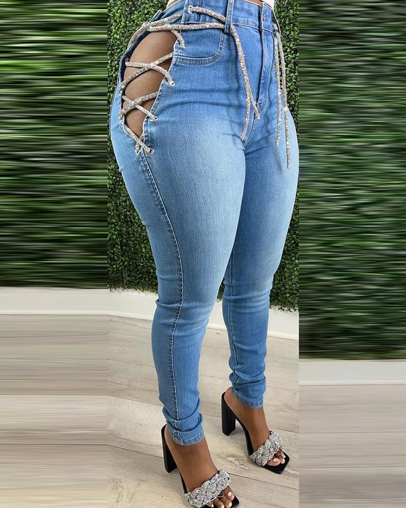Lace-up Solid Color Skinny Jean Pants